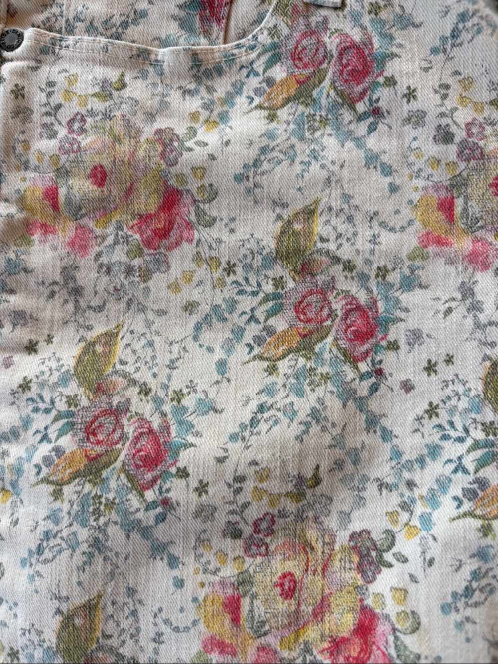 PAIGE Floral Print Cream Skinny Jeans with Pink & Green Roses - Picture 3 of 4
